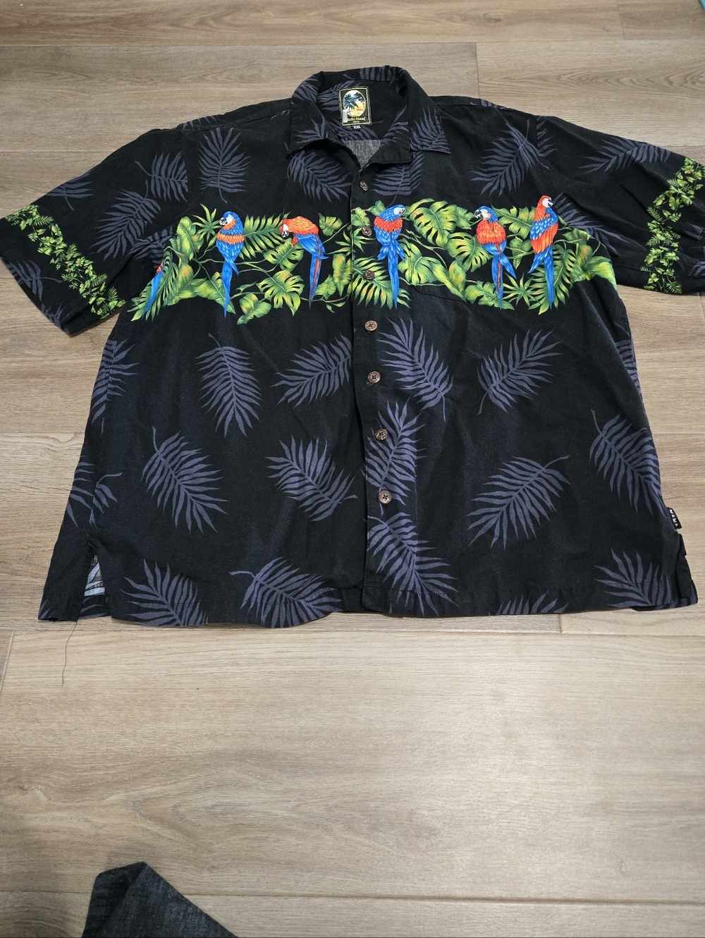 Mens Ko Ko Island Parrot Green Leaves Tropical Print Button Down Shirt Size XXL